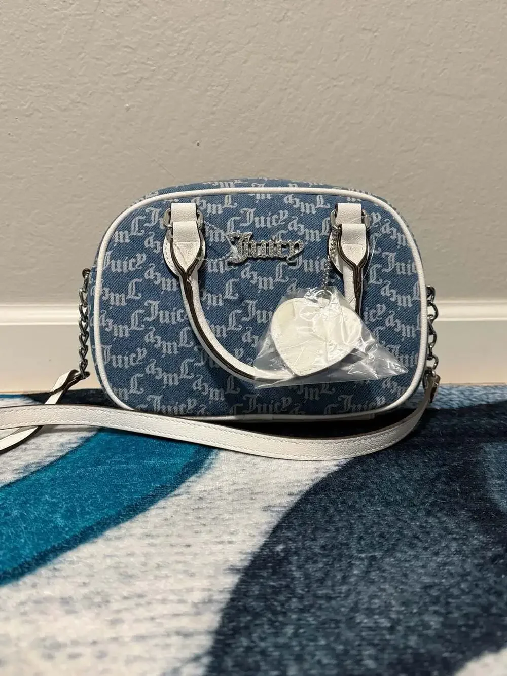 Juicy Couture Pep In Her Step Mini Dome Crossbody Bag in Blue Denim Monogram